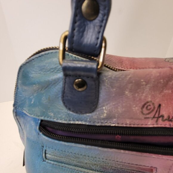 ANUSCHKA  5 Compartments Bag Handpainted Leather Floral Tote Blue Lilies Handbag - Picture 9 of 16